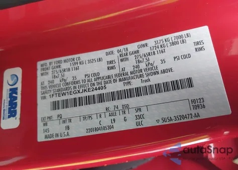 2018 Ford F-150 Xlt from USA, damaged, VIN 1FTEW1EGXJKE24405